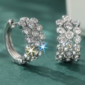 18k White Gold Plated Silver & Bezel Cut Mojssanite Crystal Huggie Hoop Earrings